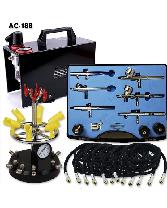 Mini Air Compressor With 6 Assorted Airbrushes & Holders