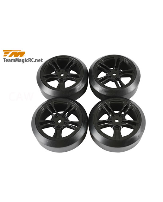 Tires -  1/10 Drift -  mounted -  5 Spoke Black wheels -  12mm Hex -  45° -  Hard (4 pcs) -  503390BK