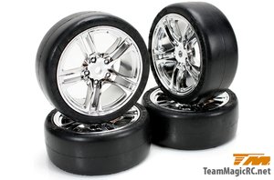 Tires -  1/10 Touring -  mounted -  5 Spoke Silver wheels -  12mm Hex (4 pcs) -  503329S-wheels-and-tires-Hobbycorner