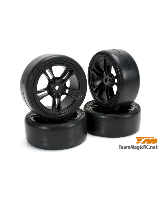 Tires -  1/10 Touring -  mounted -  5 Spoke Black wheels -  12mm Hex -  (4 pcs) -  503329BK