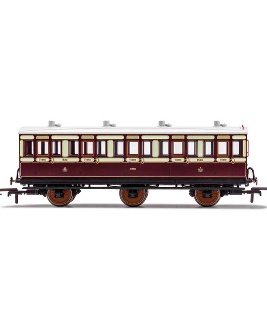 LNWR, 6 Wheel Coach, 3rd Class, Fitted Lights, 1523 - Era 2