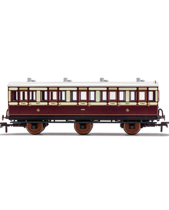 LNWR, 6 Wheel Coach, 3rd Class, Fitted Lights, 4671 - Era 2