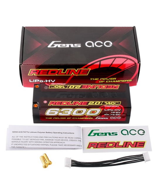 Redline 2.0 6300mAh 4S 15.2V 140C HardCase HV 5.0mm bullet 452g 139x47x37mm