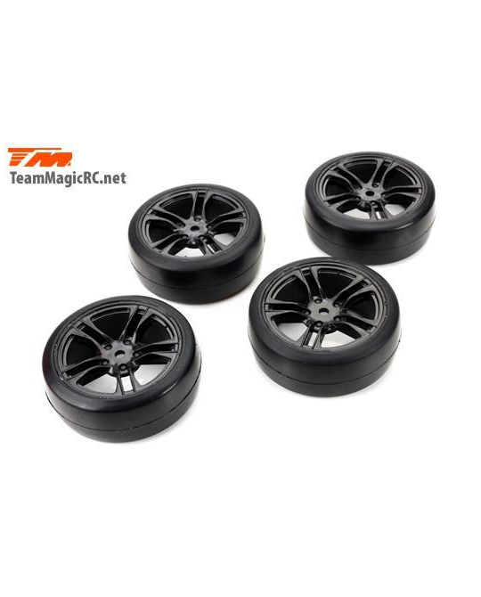 Tires -  1/10 Touring -  mounted -  5 Spoke Silver wheels -  12mm Hex -  High Grip (4 pcs) -  507508BK